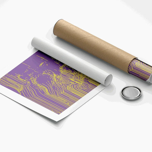Roll of purple paper with gold patterns on a white background