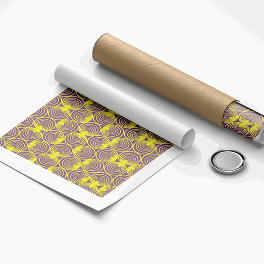 Roll of patterned paper with a roll of brown paper and a metal button on a white background