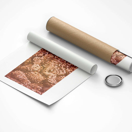 Roll of rose gold sequin fabric with a cardboard tube on a white background