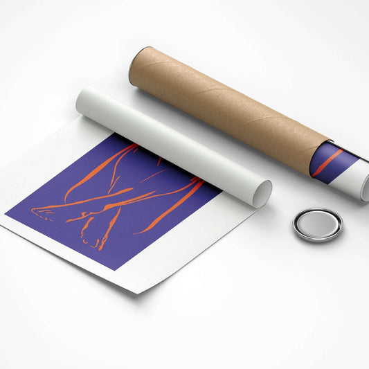 Unrolled poster with a stylized face design, cardboard tube, and round object on a white background
