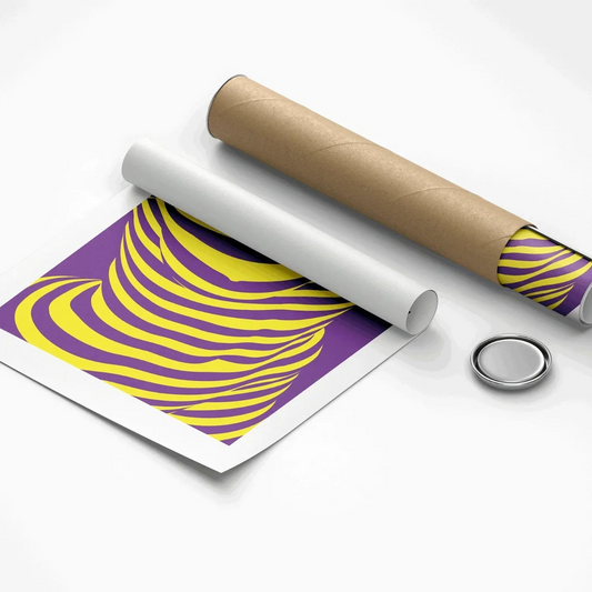 Roll of paper with purple and yellow pattern on a white background