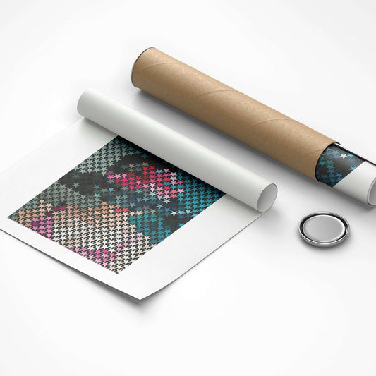 Roll of patterned paper with a roll of brown tape on a white background