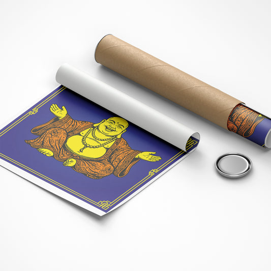 Roll of paper with a printed design of a Buddha figure on a blue background, with a cardboard tube and metal button beside it.