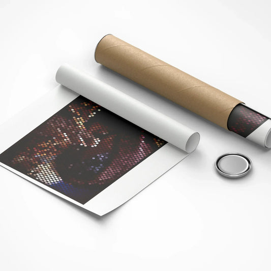 Roll of paper with a printed design and a cylindrical object on a white background