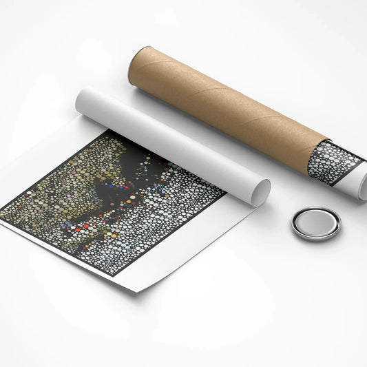 Unrolled poster with a detailed design, rolled poster, and circular object on a white background