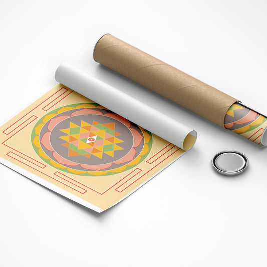Decorative paper with geometric design, roll of paper, and metal button on a white background