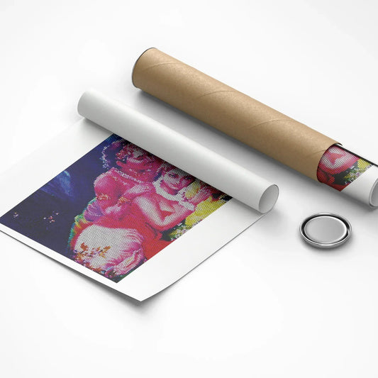 Unrolled poster with a colorful design on a white background