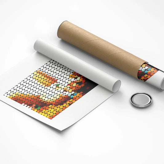 Unrolled paper with a colorful pattern, a roll of paper, and a button on a white background