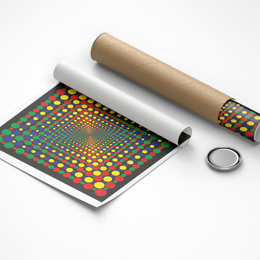 Roll of paper with colorful polka dot pattern on a white background