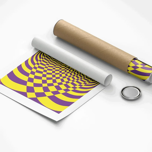 Roll of paper with a purple and yellow pattern on a white background