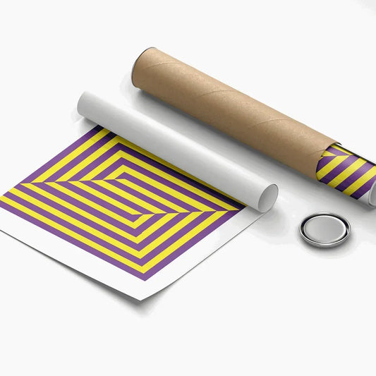 Roll of paper with purple and yellow geometric pattern on a white background