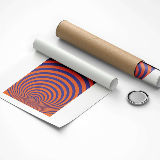 Unrolled poster with a spiral pattern, roll of paper, and button on a white background