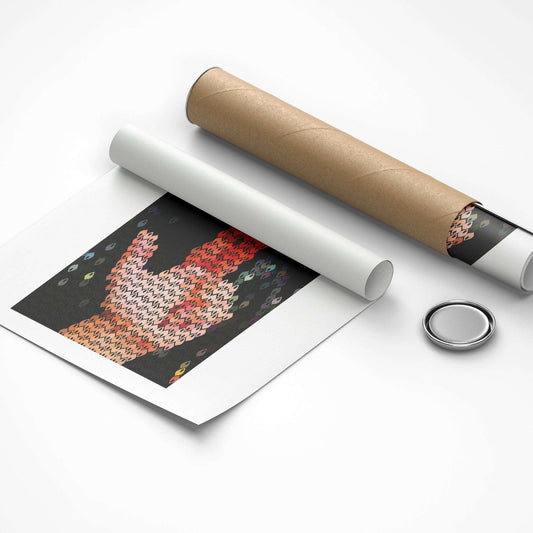Unrolled poster with a colorful design on a white surface, accompanied by a cardboard tube and a metal button.
