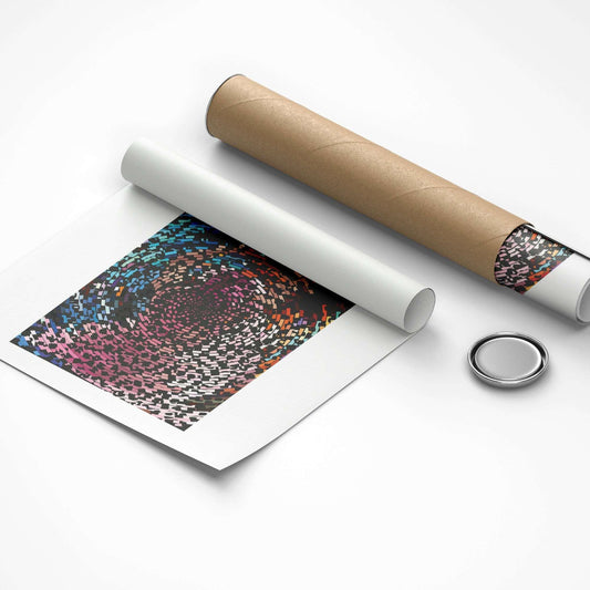 Roll of paper with a colorful pattern and a cardboard tube on a white background
