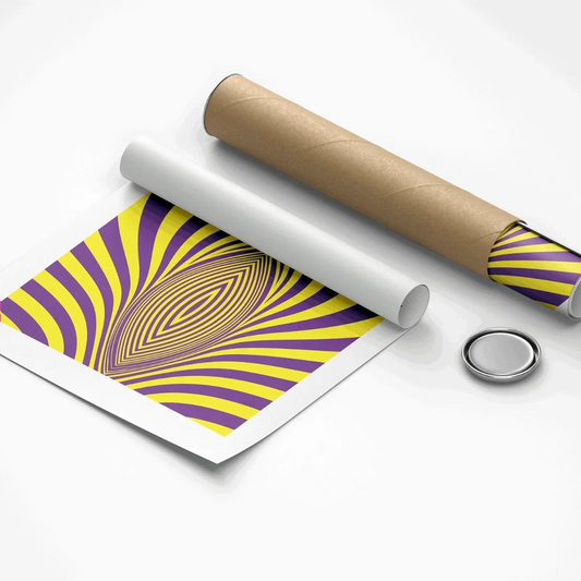 Roll of paper with a purple and yellow pattern on a white background