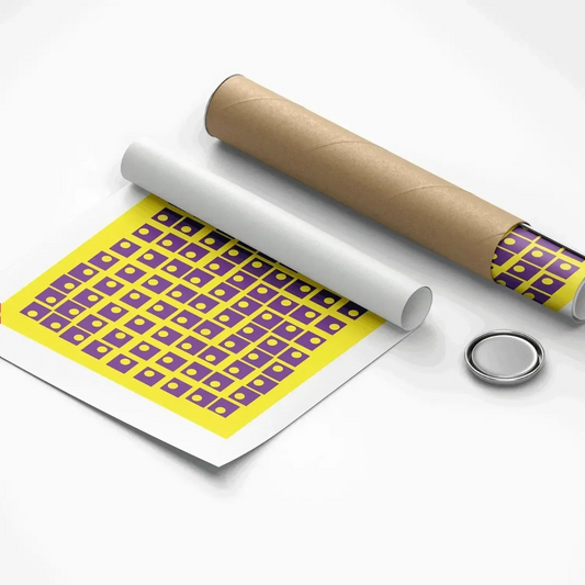 Roll of paper with a purple and yellow geometric pattern on a white background
