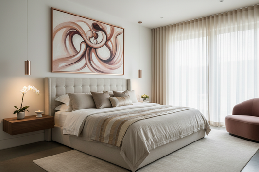 Gentle erotic wall art for couples displayed in a romantic master bedroom sanctuary