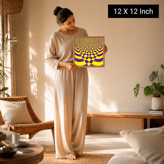 A woman in a beige outfit holds a 12x12 inch Serenity Art print featuring a colorful, swirling design, ideal for yoga and the