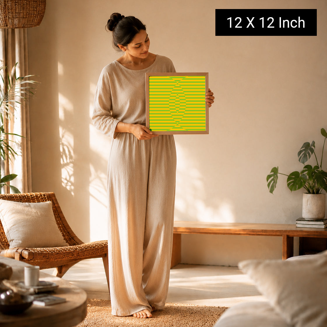 Therapeutic Wall Art by Ilu Art Therapy, 12x12 inch calming print, displayed by a woman in a cozy, sunlit room.