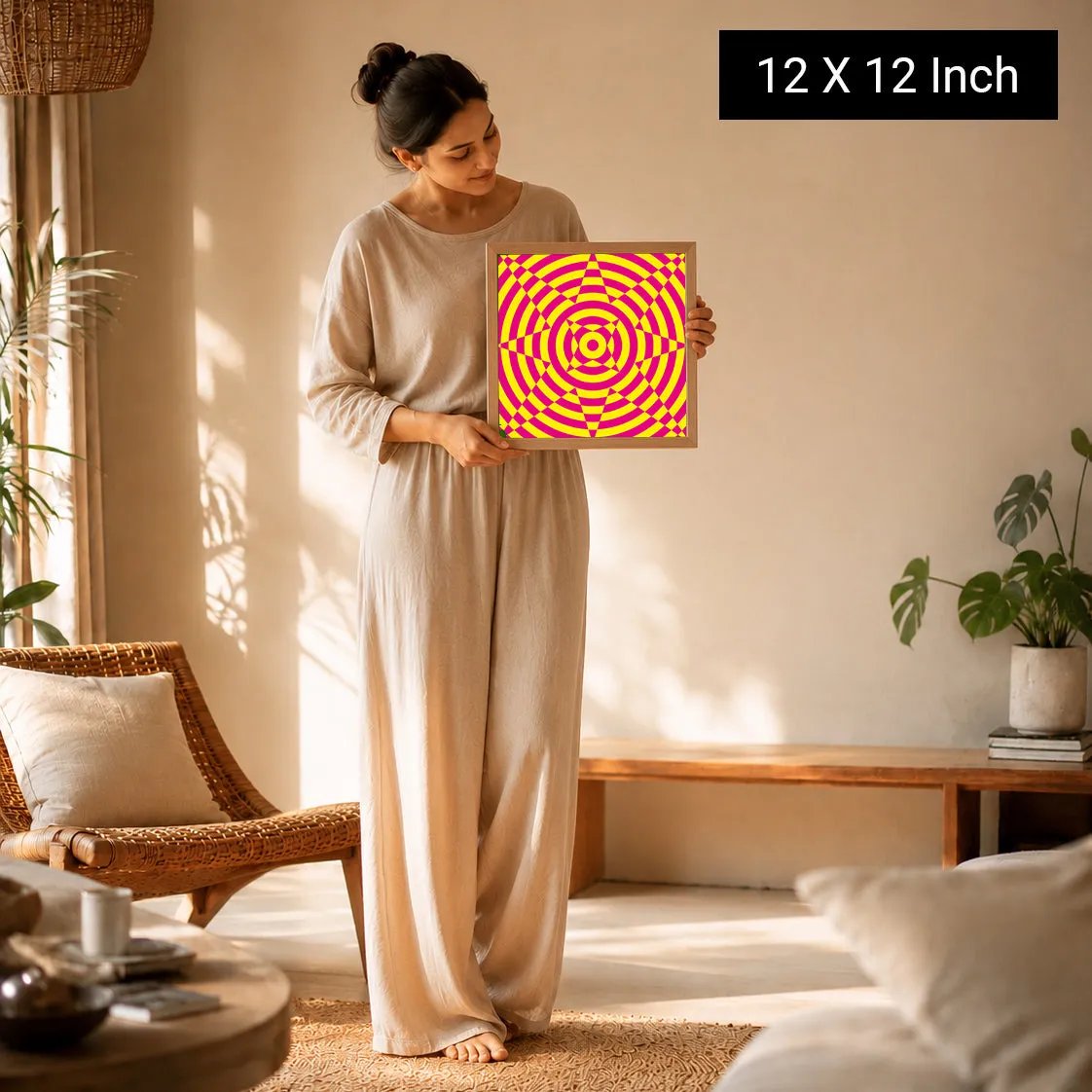 A woman in a beige outfit holds a colorful geometric print wall art, standing in a bright, serene room with plants.