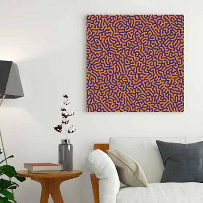 Geometric patterned wall art in a living room setting