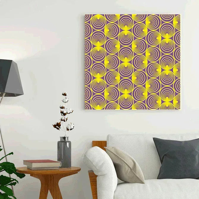 Living room with a decorative wall art piece featuring purple and yellow circular patterns.