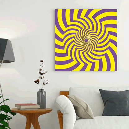 Living room with a spiral patterned painting on the wall