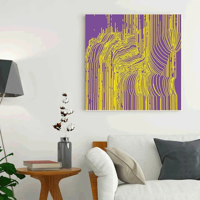Living room with a modern abstract painting on the wall, featuring purple and yellow colors.
