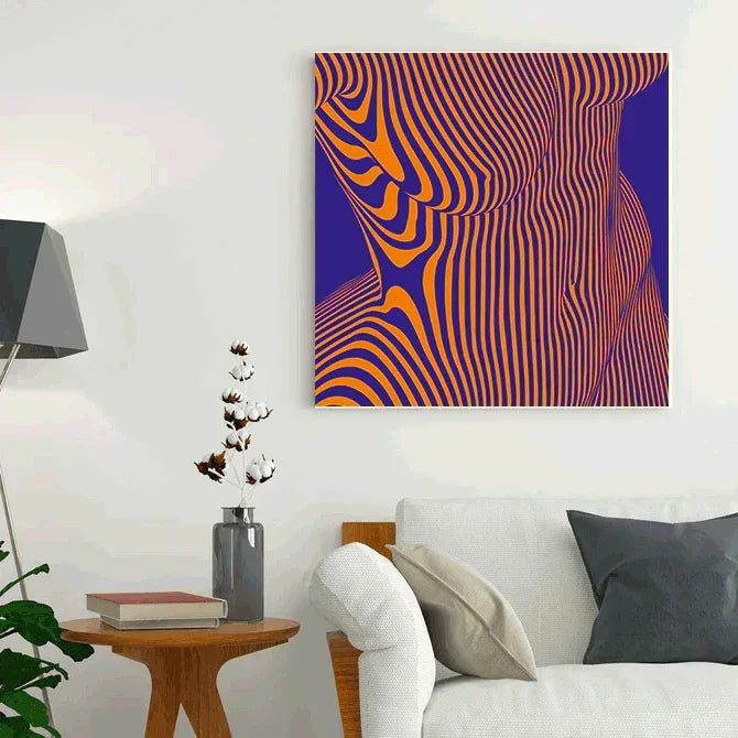 Abstract artwork with wavy lines in orange and purple on a white wall above a sofa.