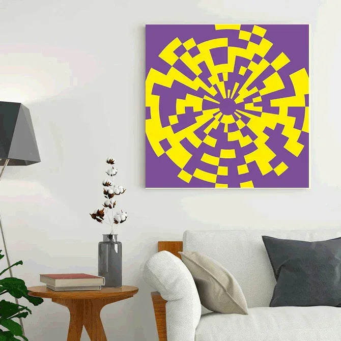 Living room with a geometric patterned painting on the wall