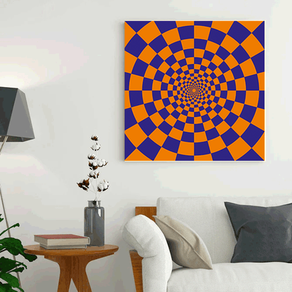 Geometric patterned wall art in a living room setting