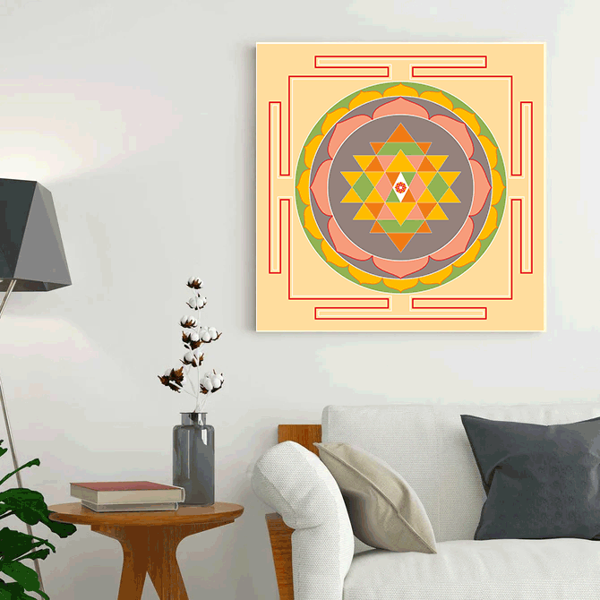 Decorative wall art with a geometric design in a living room setting.