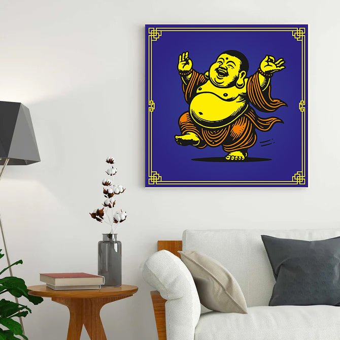 Framed artwork of a laughing Buddha on a wall above a sofa in a living room.