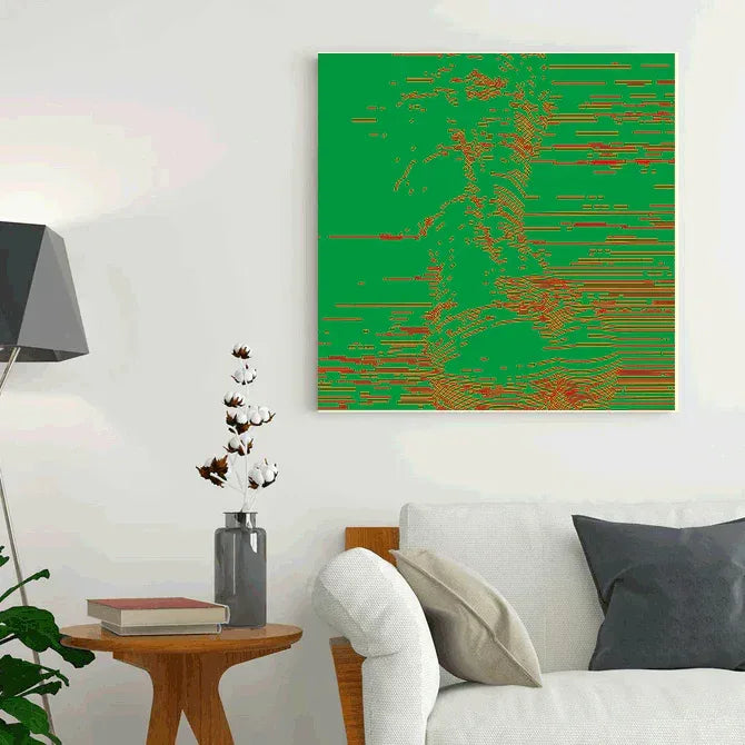 Abstract art piece with green and orange on a white wall above a sofa.