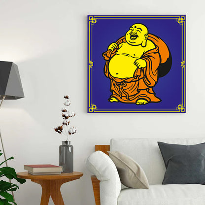 Framed artwork of a laughing Buddha on a wall above a sofa.