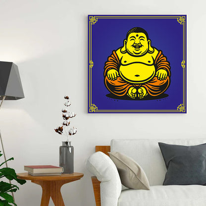 Framed artwork of a smiling Buddha on a wall above a sofa in a living room.