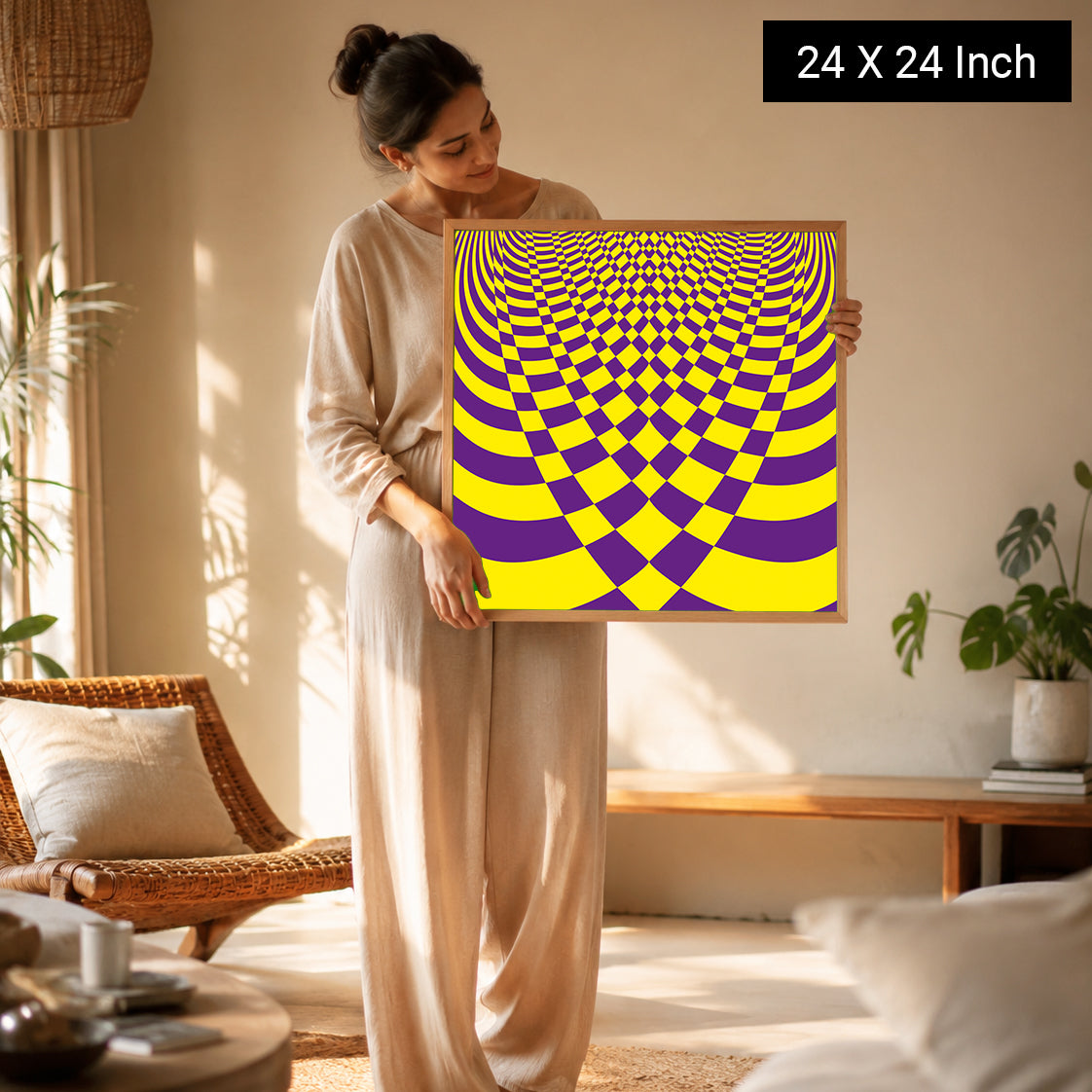 A woman holds a vibrant 24x24 inch framed print featuring a hypnotic purple and yellow geometric design, ideal for yoga and t