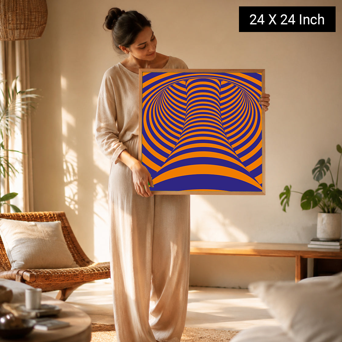A woman holds a 24x24 inch framed Serenity Meditation Art print featuring vibrant orange and blue concentric patterns, set in