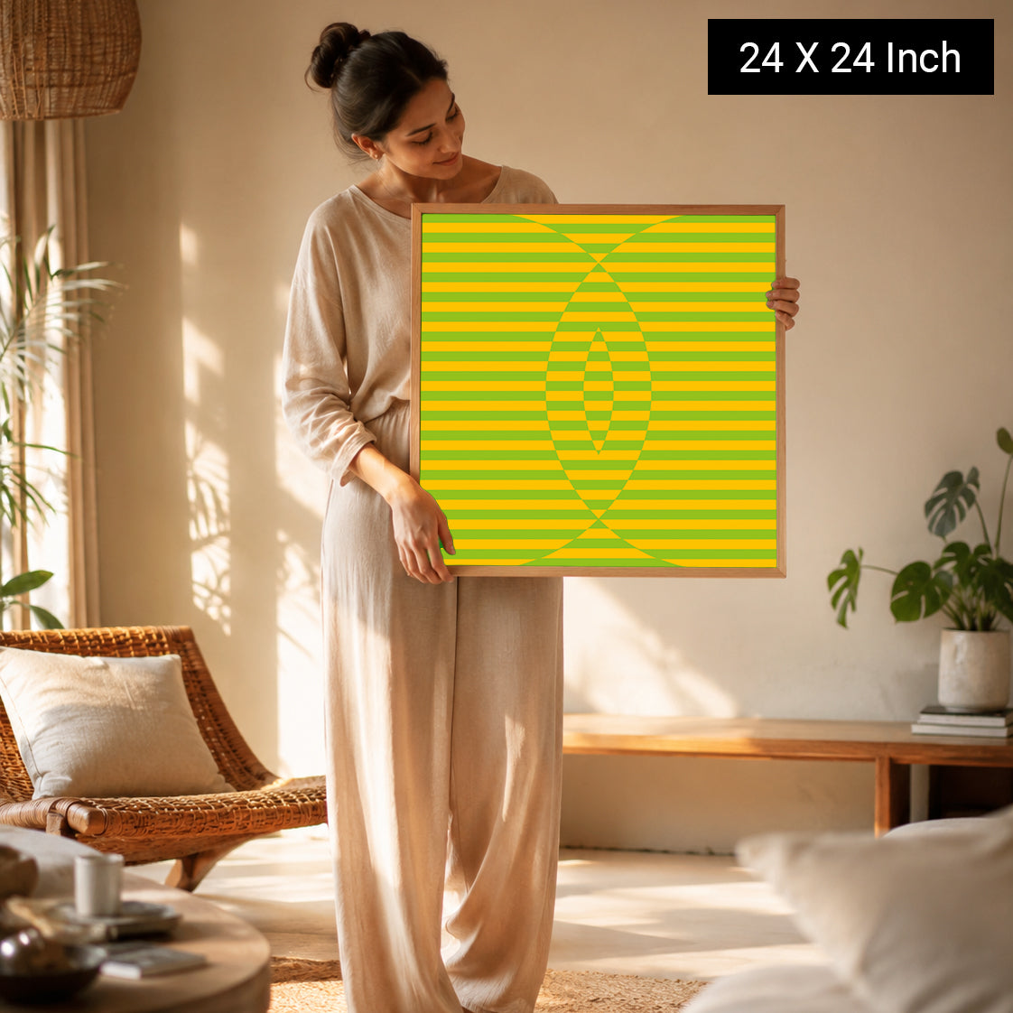 A woman holds a 24x24 inch therapeutic wall art print featuring calming yellow and green striped patterns, ideal for yoga and