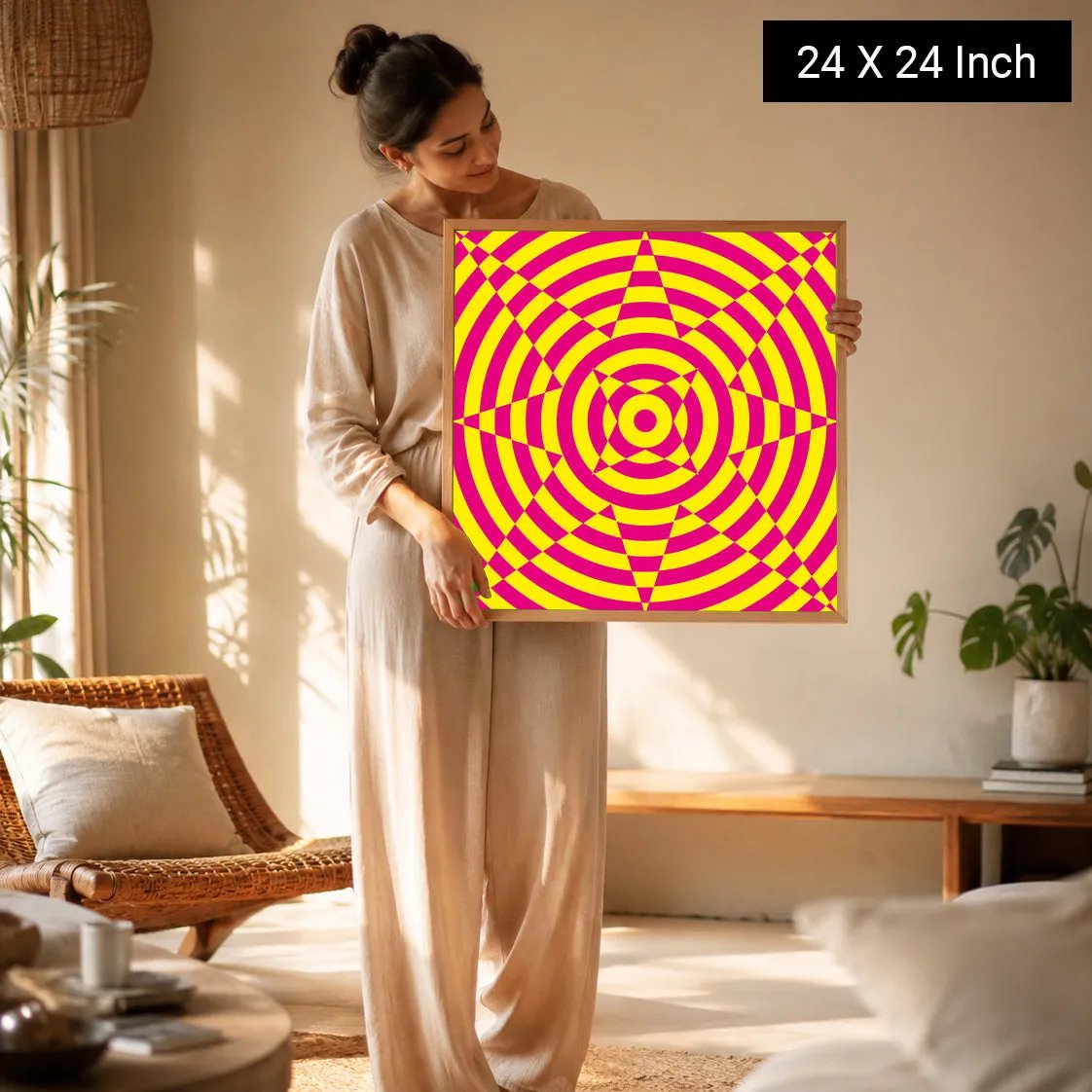 Meditation Wall Art by Ilu Art Therapy featuring a vibrant geometric design in pink and yellow, promoting stress relief and f