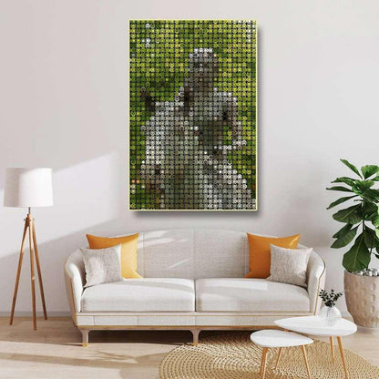 Living room with a white sofa, decorative pillows, and a wall art piece of a dog.