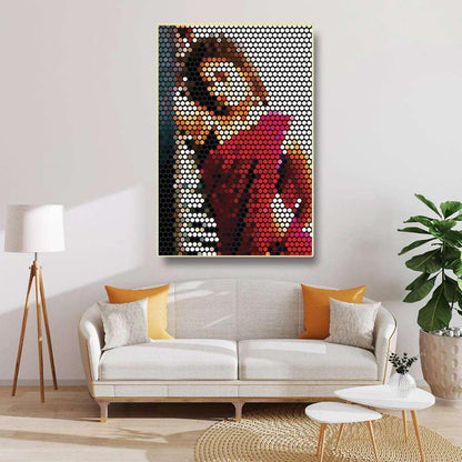 Living room with a modern sofa, lamp, and decorative wall art.