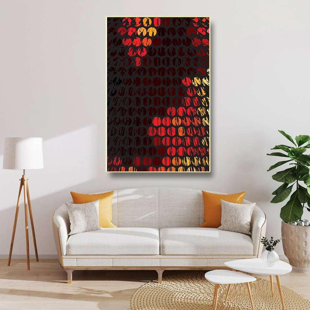 Living room with a white sofa, colorful abstract painting, and decorative items.