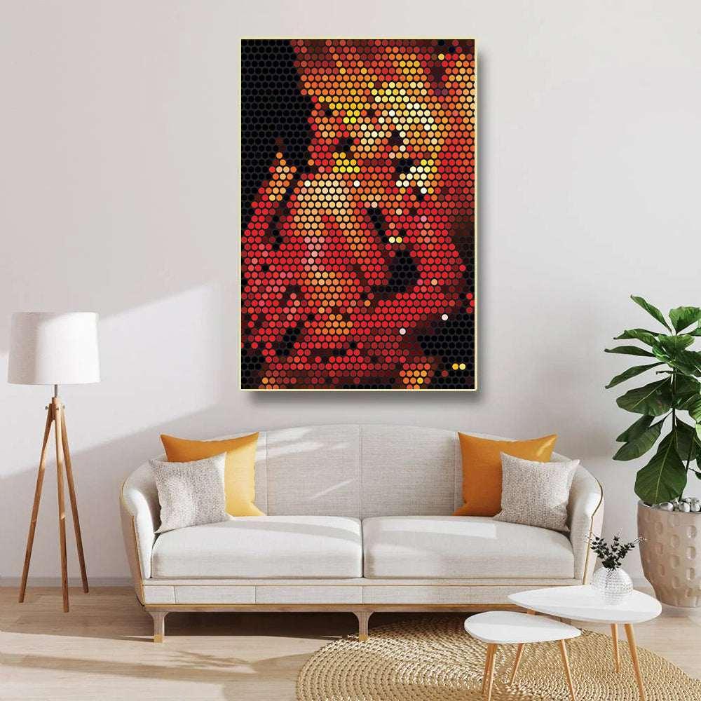 Abstract art piece on a wall above a sofa in a living room