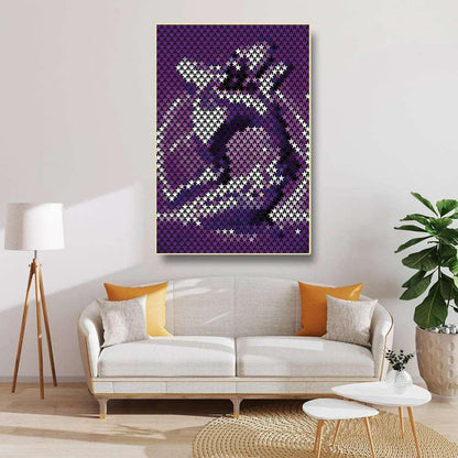 Living room with a modern sofa, lamp, and abstract art on the wall.