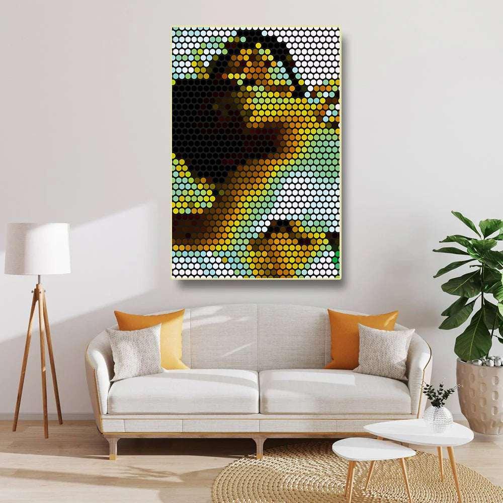 Colorful mosaic art piece of a woman's face on a wall above a sofa in a living room.