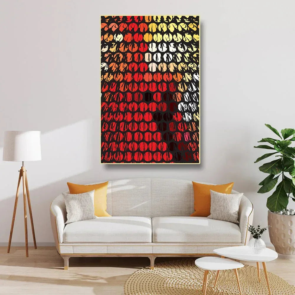 Living room with a colorful abstract painting on the wall, white sofa, and decorative elements.