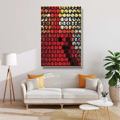 Living room with a colorful abstract painting on the wall, white sofa, and decorative elements.