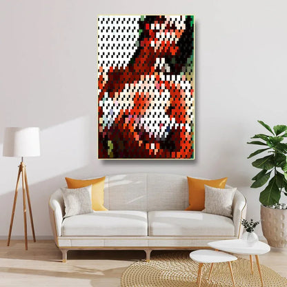 Living room with a colorful abstract painting on the wall, a white sofa with orange and yellow cushions, and a plant.