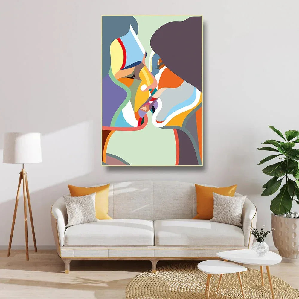 Colorful abstract painting above a white sofa in a living room.